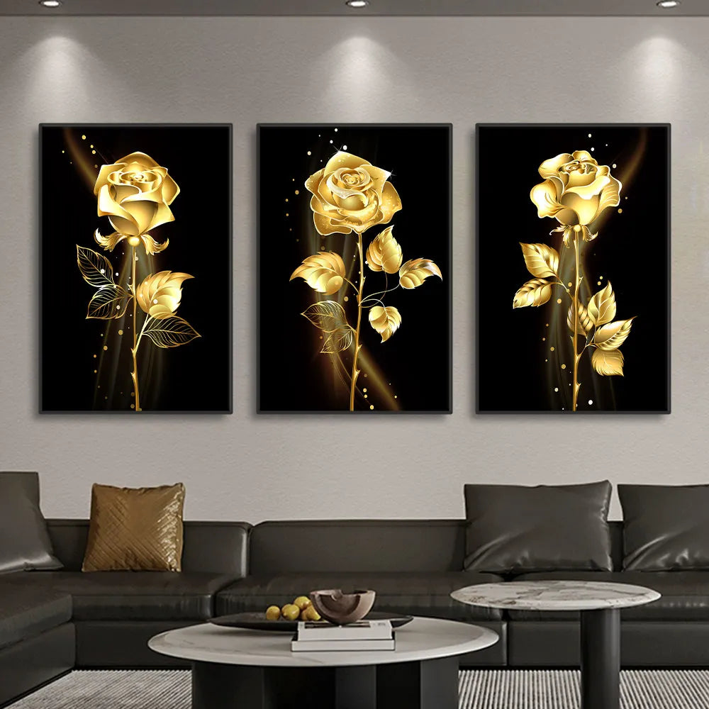 Gold Rose Flower Black Canvas Paintings