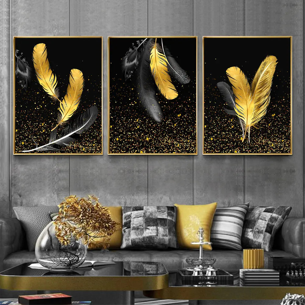 Gold Feather Black Wall Art