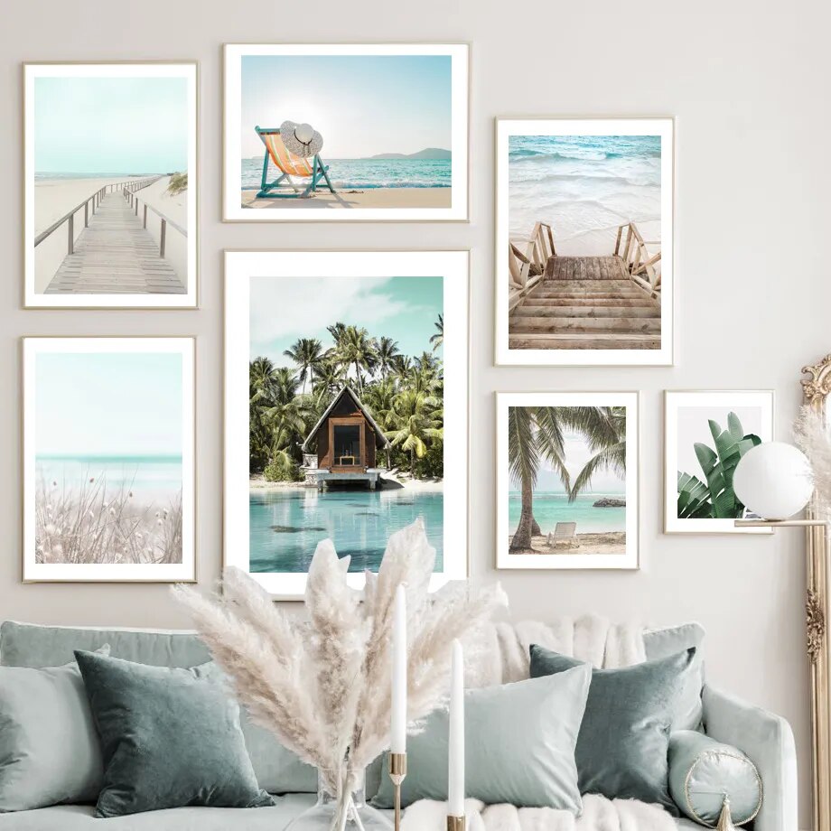 Beach Waves House Trees Wall Art